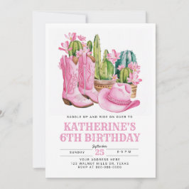 Invitación Pink West Cowgirl Cactus Watercolor Cumpleaños