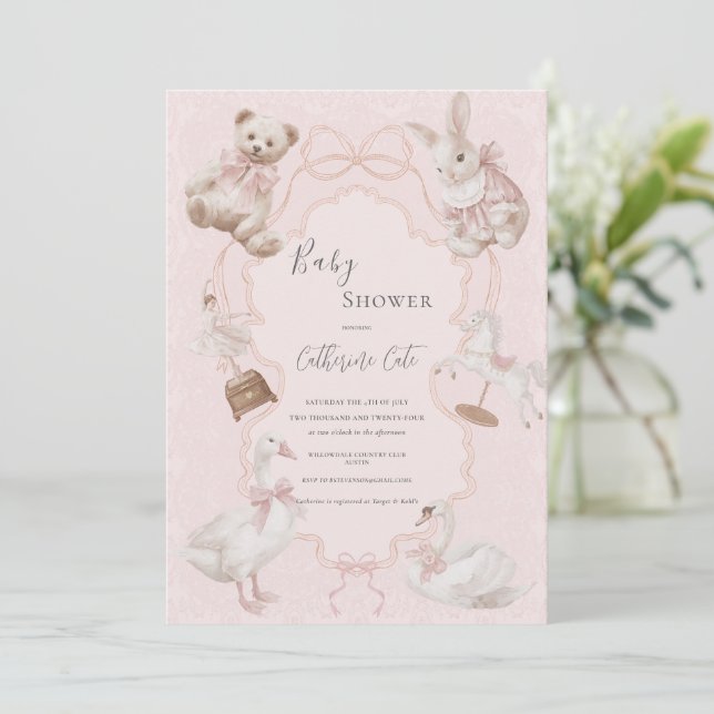 Invitación Pink Whimsical Elegant Bear Baby Shower (Anverso de pie)