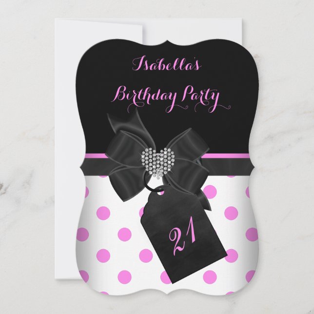 Invitación Pink White Diamond Heart Black Polka Dots Cumpleañ (Anverso)