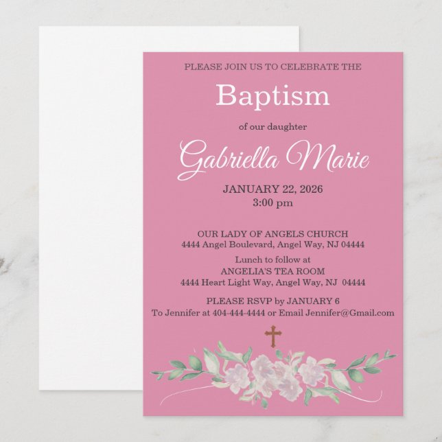 Invitación Pink White Floral Watercolor Cross Baptism (Anverso / Reverso)
