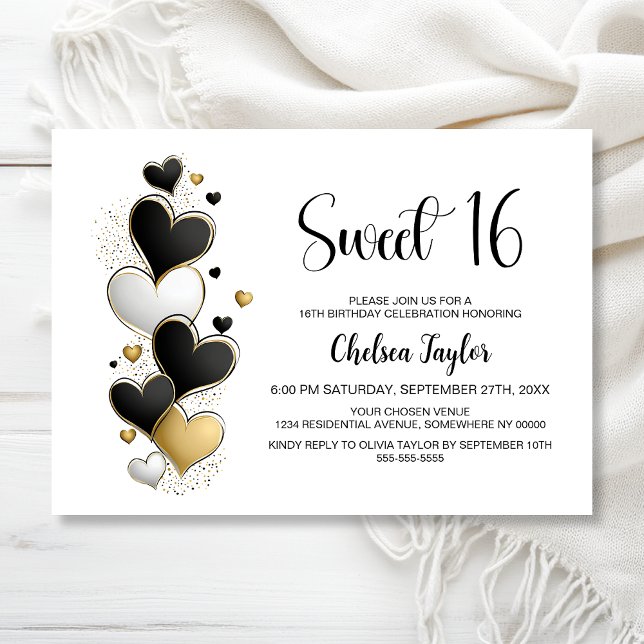 Invitación Pink White Gold Heart Theme Sweet 16 Birthday (Subido por el creador)