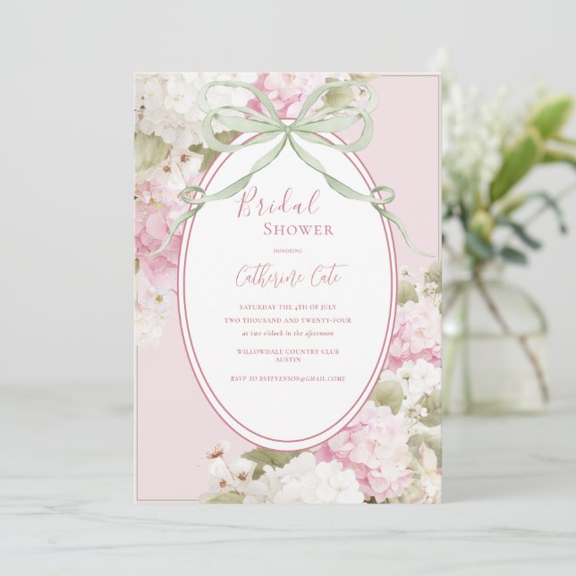Invitación Pink White Hydrangeas Sage Green Bridal Shower (Anverso de pie)