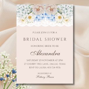 Invitación Pink White Peony Blue Hydrangea Bridal Shower