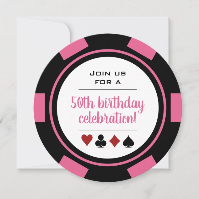 Invitación Pink White Poker Chip Las Vegas Casino Cumpleaños (Anverso)