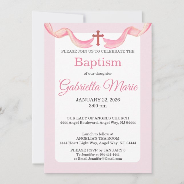 Invitación Pink & White Ribbon Cross Watercolor Baptism (Anverso)