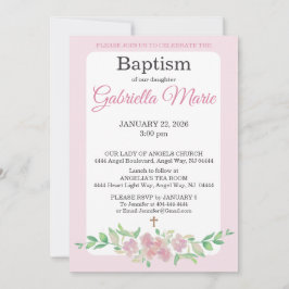 Invitación Pink White Rose Floral Watercolor Cross Baptism