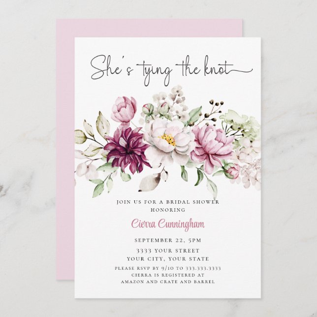 Invitación Pink White She's Tying the Knot  Floral Bridal  (Anverso / Reverso)