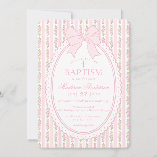 Invitación Pink & White Vintage Fancy Floral Baptism (Anverso)