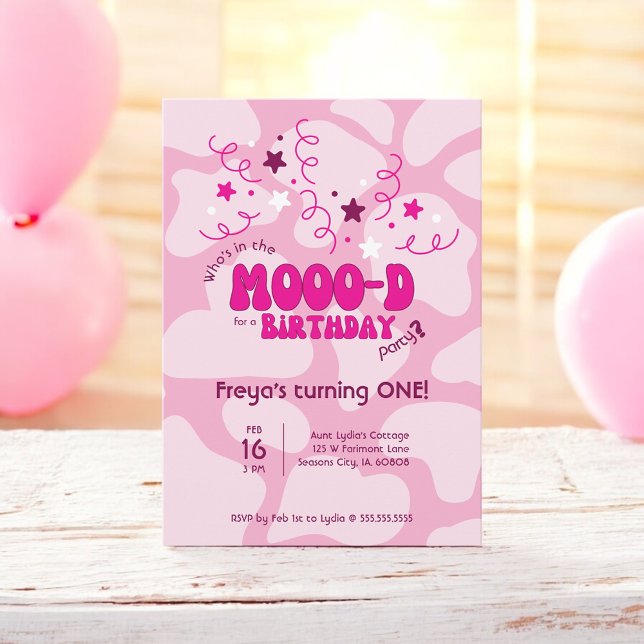Invitación Pink Who's in the MOOO-D Cow Print 1st Birthday (Subido por el creador)