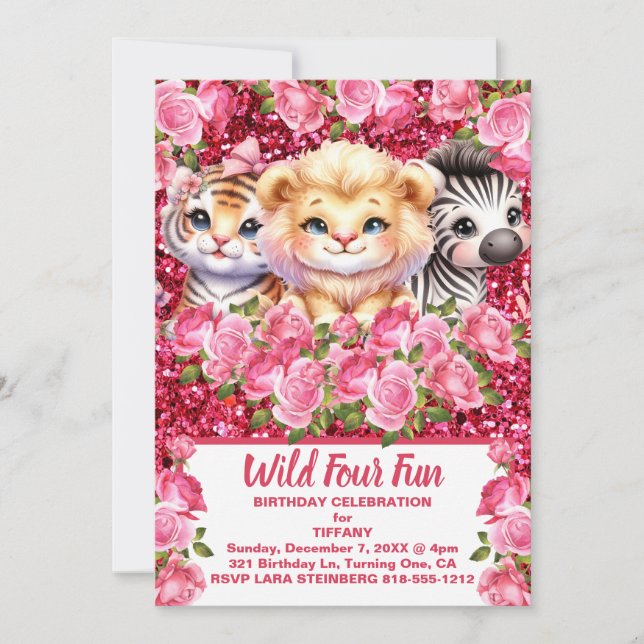 Invitación Pink Wild Four Divertido 4 Años Chica Fiesta de Cu (Anverso)