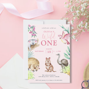 Invitación Pink Wild One Cute Animal Child en su primer cumpl