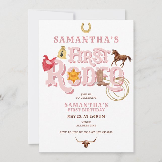 Invitación Pink Wild West First Rodeo Baby Girl Primer cumple (Anverso)