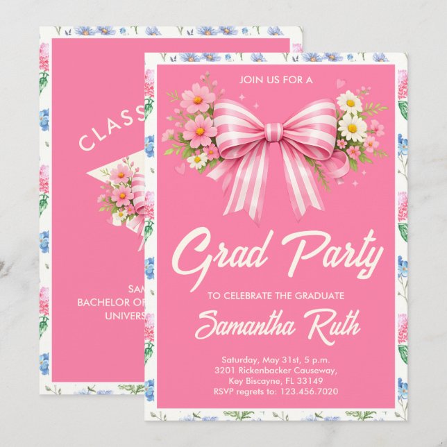 Invitación Pink Wildflower Bow Graduation Party  (Anverso / Reverso)