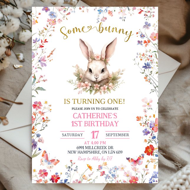 Invitación Pink Wildflower Bunny Birthday Invitation (Subido por el creador)