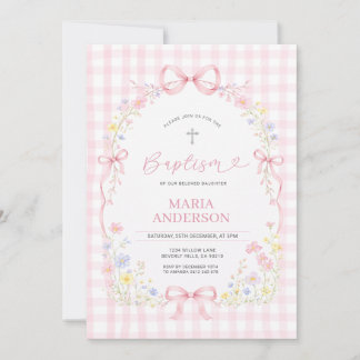 Invitación Pink WILDFLOWER Gingham Floral Baptism Invitation