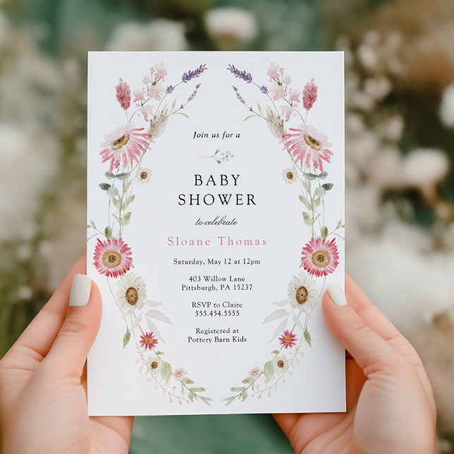 Invitación Pink Wildflower Meadow Wreath Baby Shower (Subido por el creador)