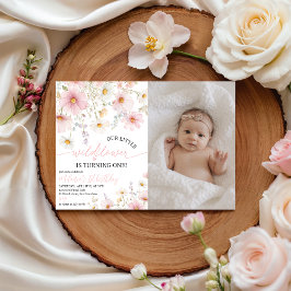 Invitación Pink Wildflower Photo 1st Birthday Invite