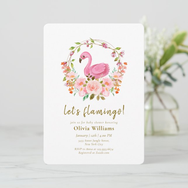 Invitación Pink Wildflower Rose Wreath Flamingo Baby Shower (Anverso de pie)