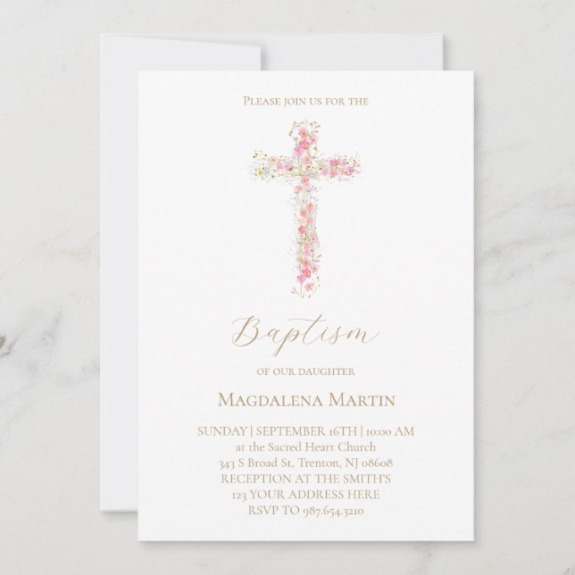 Invitación pink wildflowers cross | Baptism Invitation (Anverso)