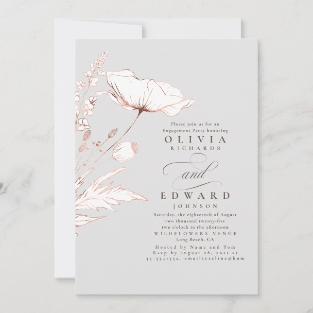 Invitación Pink Wildflowers Light Gray Engagement Party (Anverso)