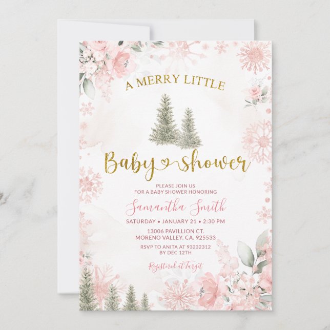 Invitación Pink Winter Christmas A Merry Little Baby Shower (Anverso)