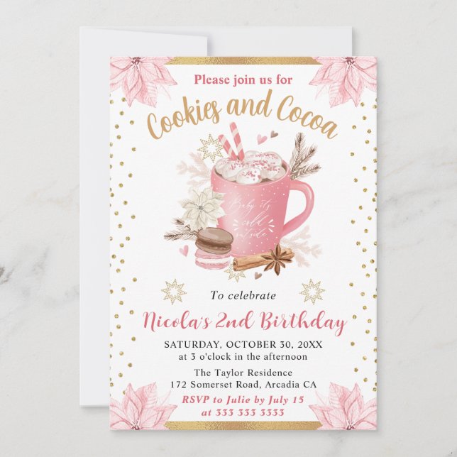 Invitación Pink Winter Cookies & Cocoa Birthday Party (Anverso)
