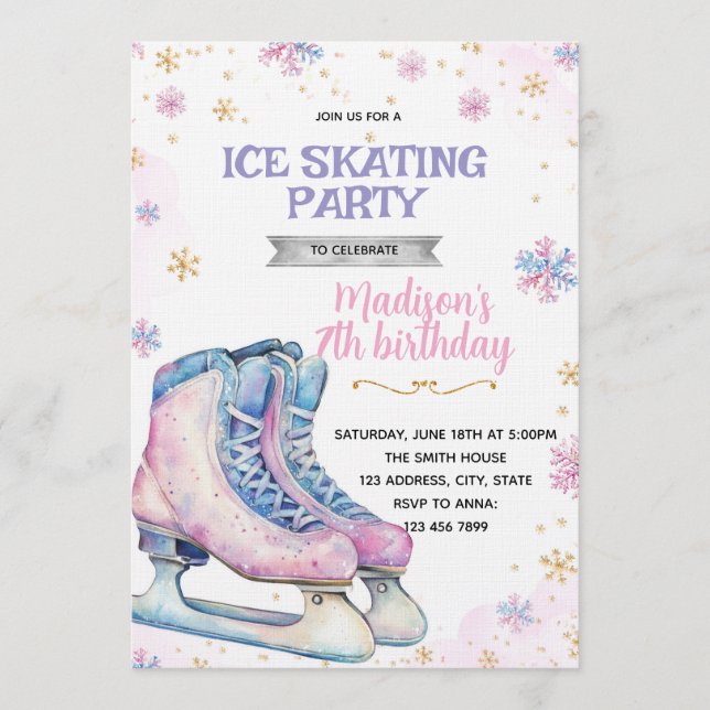 Invitación Pink winter ice skating invitation (Anverso)