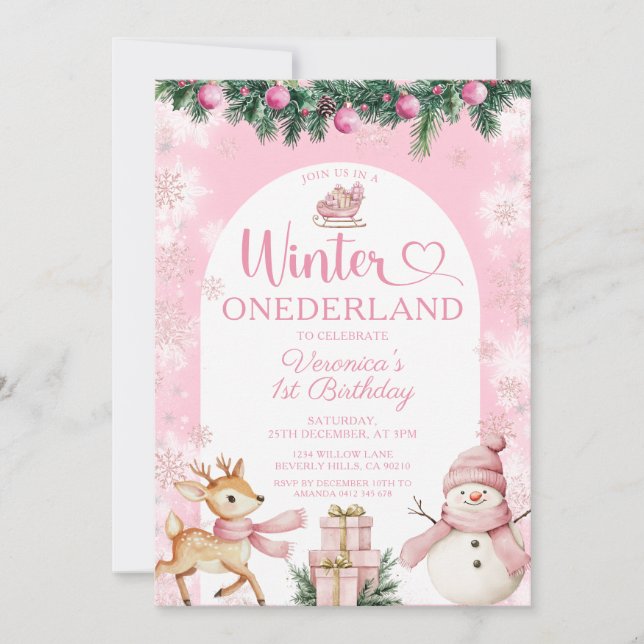 Invitación Pink Winter Onederland Girl Birthday Snowflakes (Anverso)