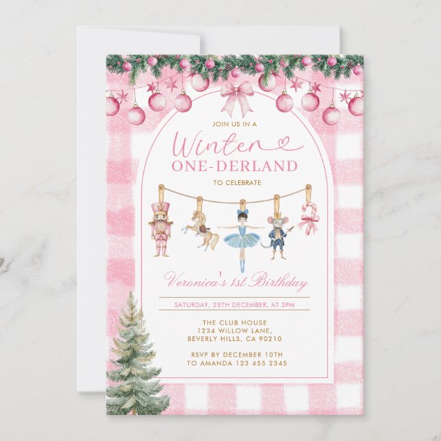Invitación Pink Winter Onederland Girl Nutcracker Birthday  (Anverso)