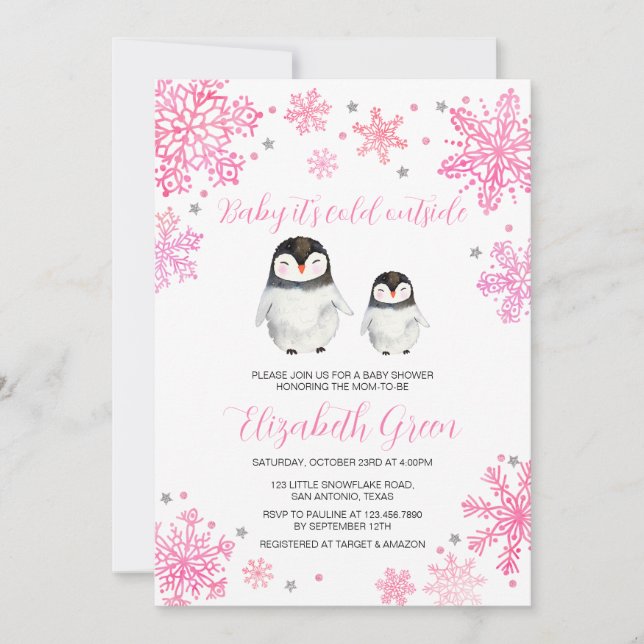 Invitación Pink Winter Penguin Baby Shower (Anverso)