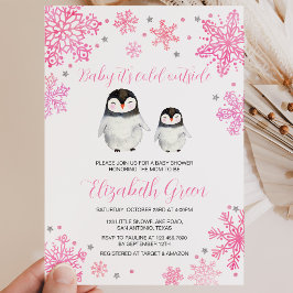 Invitación Pink Winter Penguin Baby Shower