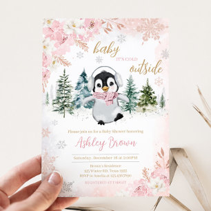 Invitación Pink Winter Penguin Baby Shower