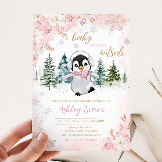 Invitación Pink Winter Penguin Baby Shower (Girl Penguin Baby Shower Invitation)
