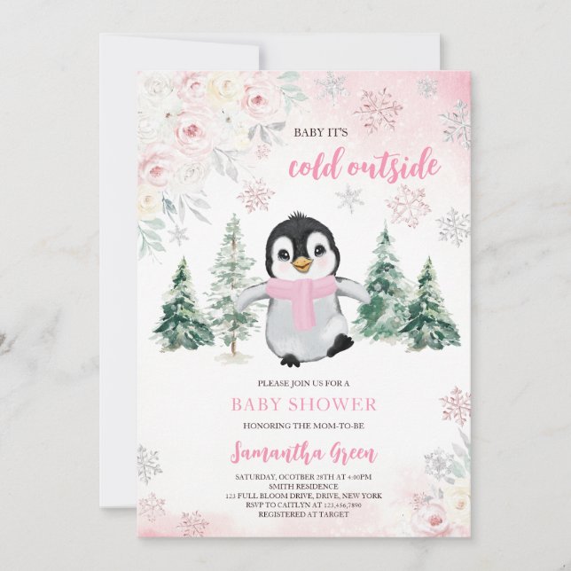 Invitación Pink Winter Penguin Baby Shower (Anverso)