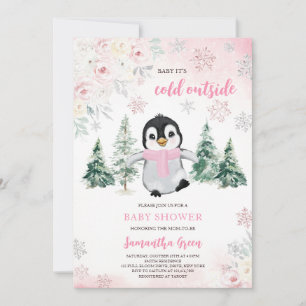 Invitación Pink Winter Penguin Baby Shower
