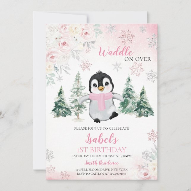 Invitación Pink Winter Penguin Birthday Party (Anverso)