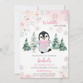 Invitación Pink Winter Penguin Birthday Party