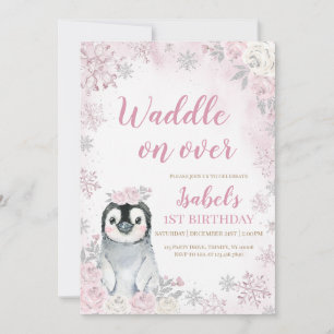 Invitación Pink Winter Penguin Birthday Party