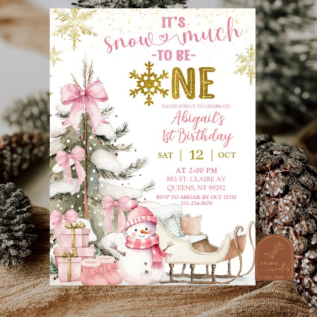 Invitación Pink Winter Snow Much Fun First Photo Birthday (Subido por el creador)