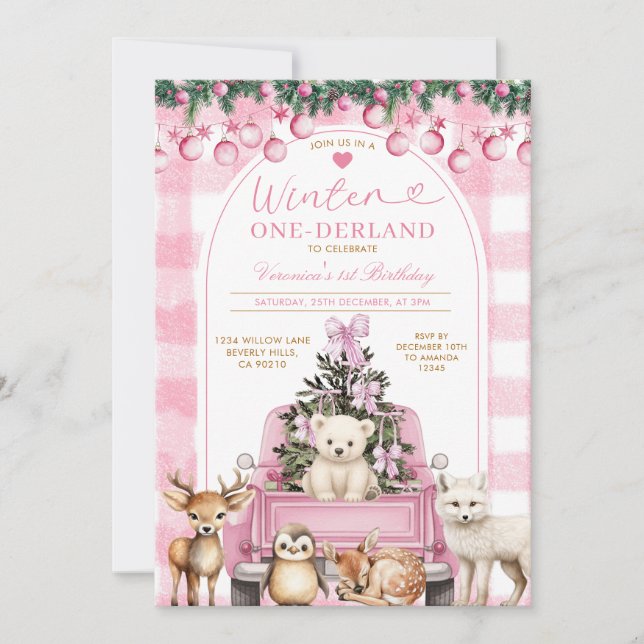 Invitación Pink Winter Truck Onederland 1st Birthday Animals (Anverso)