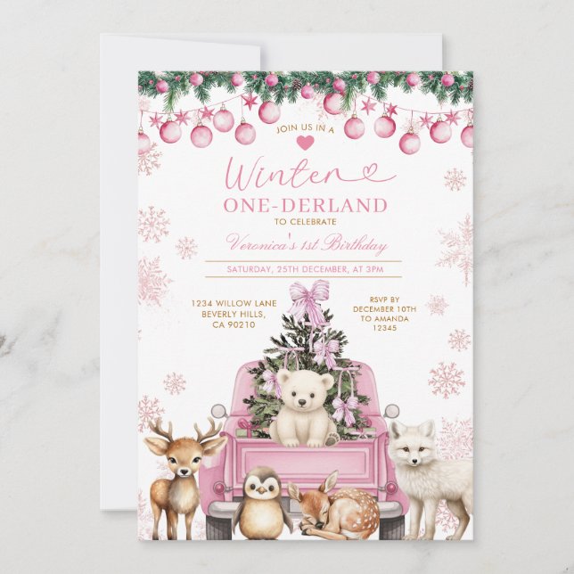 Invitación Pink Winter Truck Onederland 1st Birthday Animals (Anverso)