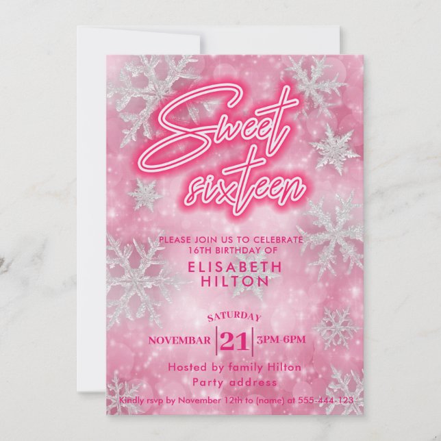 Invitación Pink Winter wonderland copos de nieve dulce 16 (Anverso)