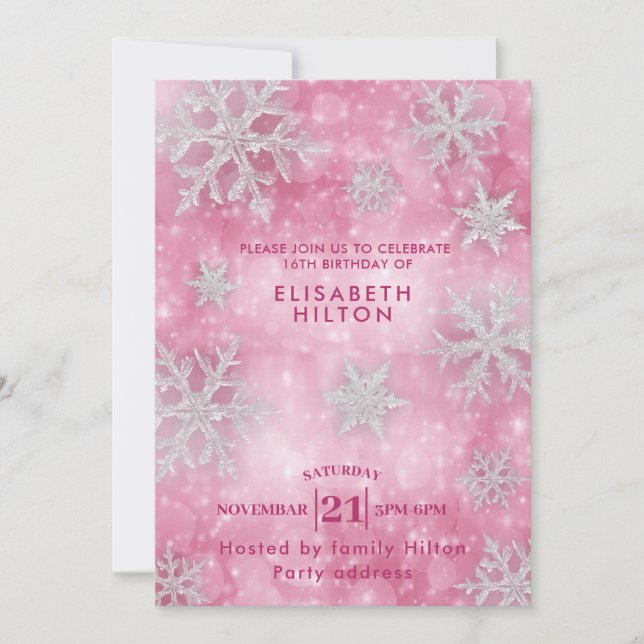 Invitación Pink Winter wonderland copos de nieve vestido dulc (Anverso)