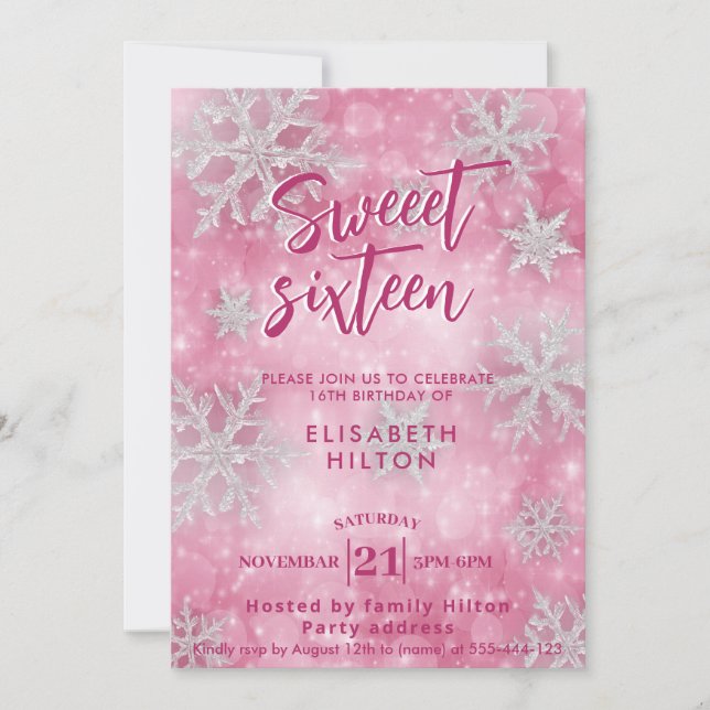 Invitación Pink Winter wonderland copos de nieve vestido dulc (Anverso)