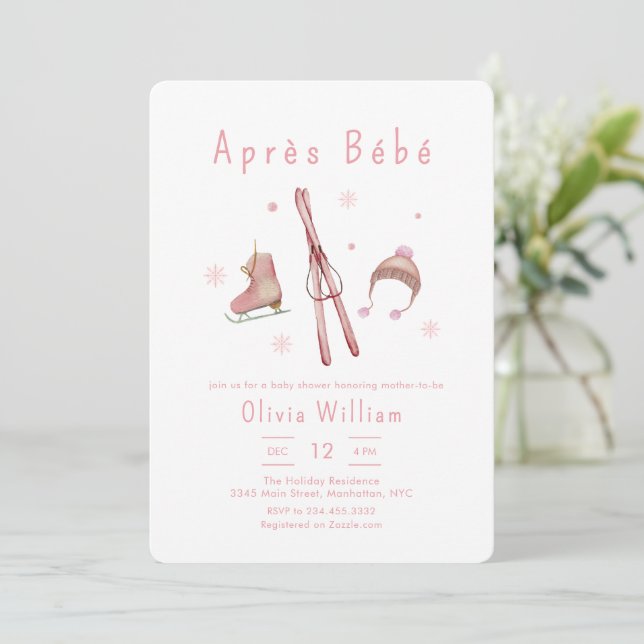 Invitación Pink Winter Woodland Après Bébé Ski Baby Shower  (Anverso de pie)