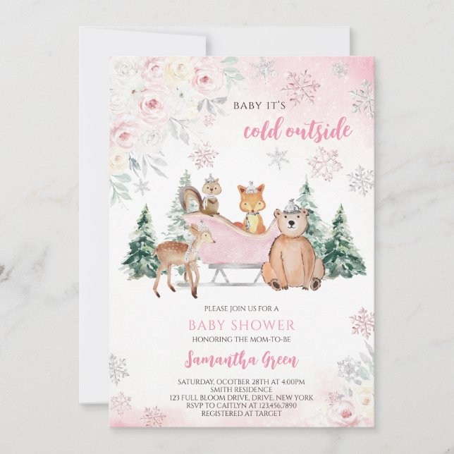 Invitación Pink Winter Woodland Baby Shower (Anverso)
