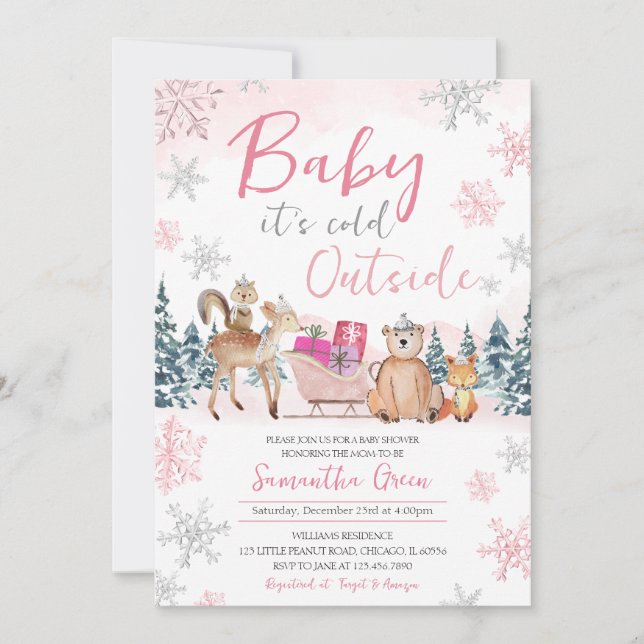 Invitación Pink Winter Woodland Baby Shower (Anverso)