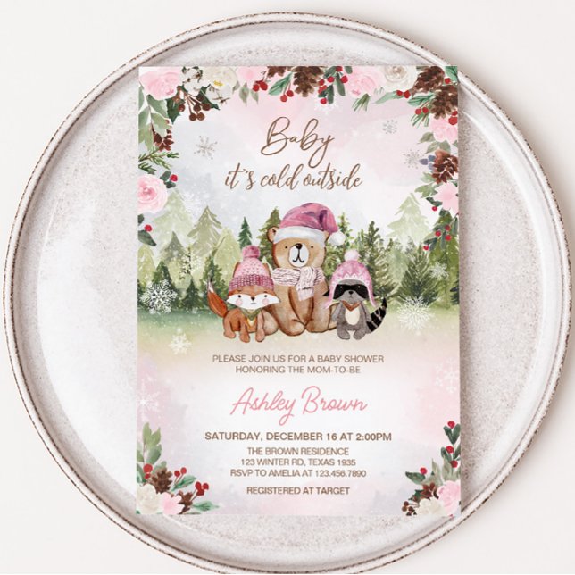 Invitación Pink Winter Woodland Baby Shower (Pink Floral Winter Baby Shower Invitation)