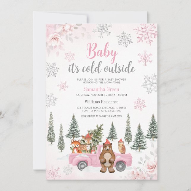 Invitación Pink Winter Woodland Baby Shower (Anverso)