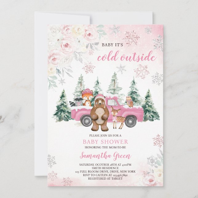 Invitación Pink Winter Woodland Baby Shower (Anverso)